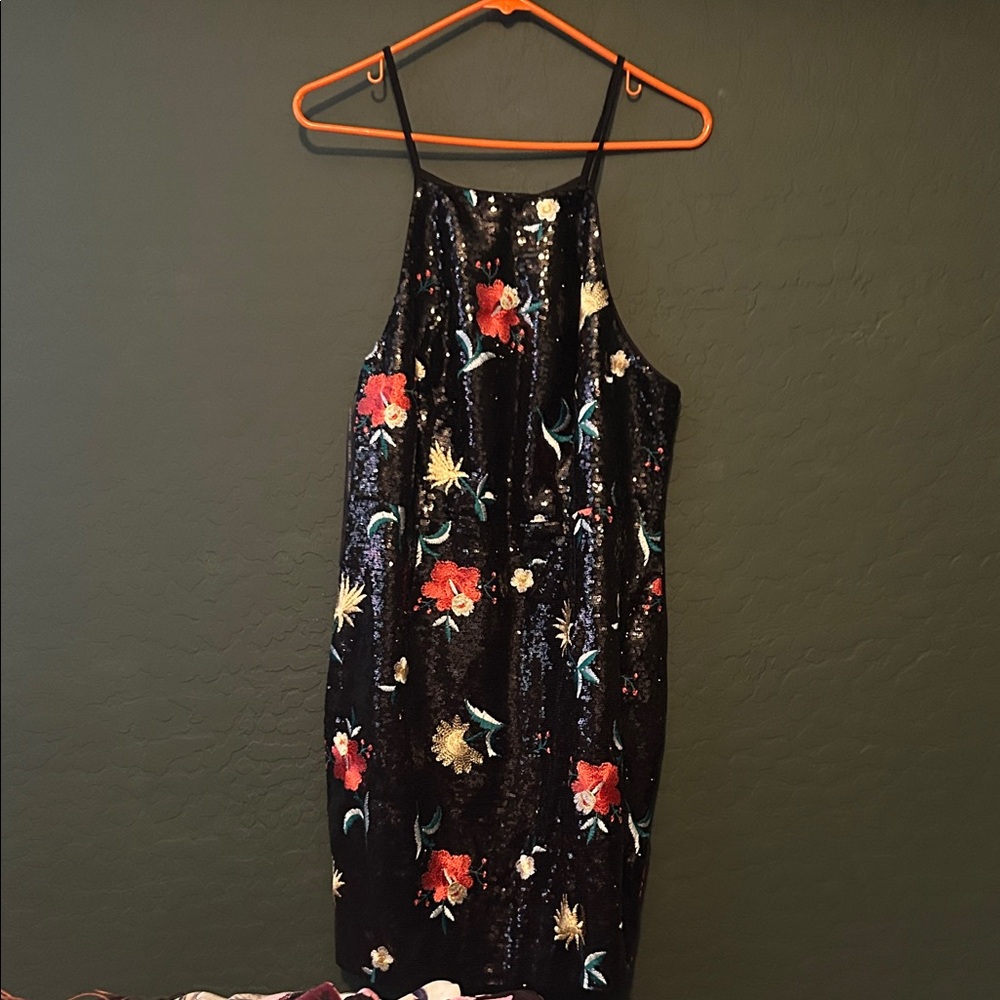 Forever 21 Black Sequin Midi Dress with Floral Accents